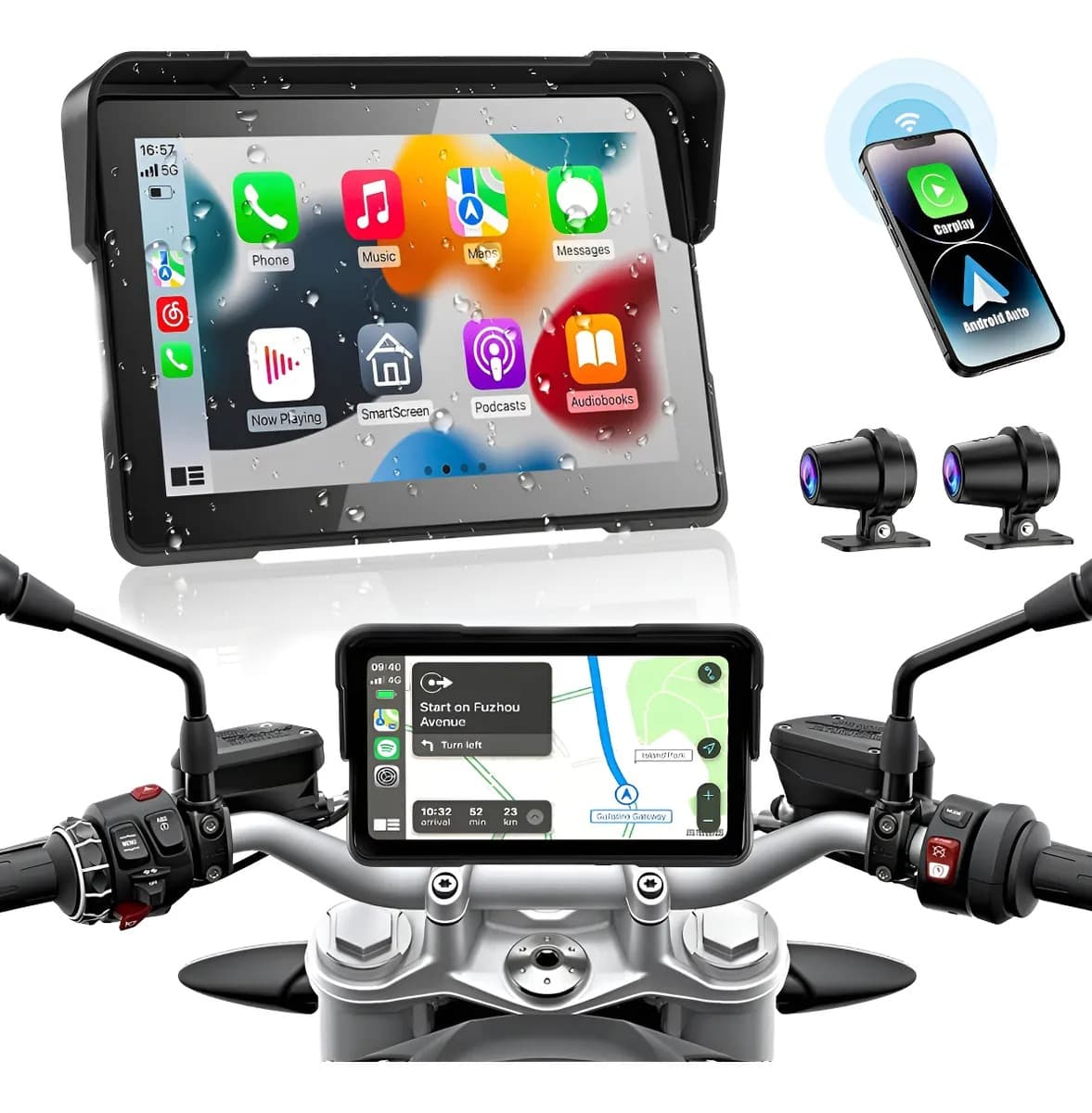 Tela De Navegacao Moto 7 Carplay Tela Ips Com Camera Dupla IP67 A Prova Dagua